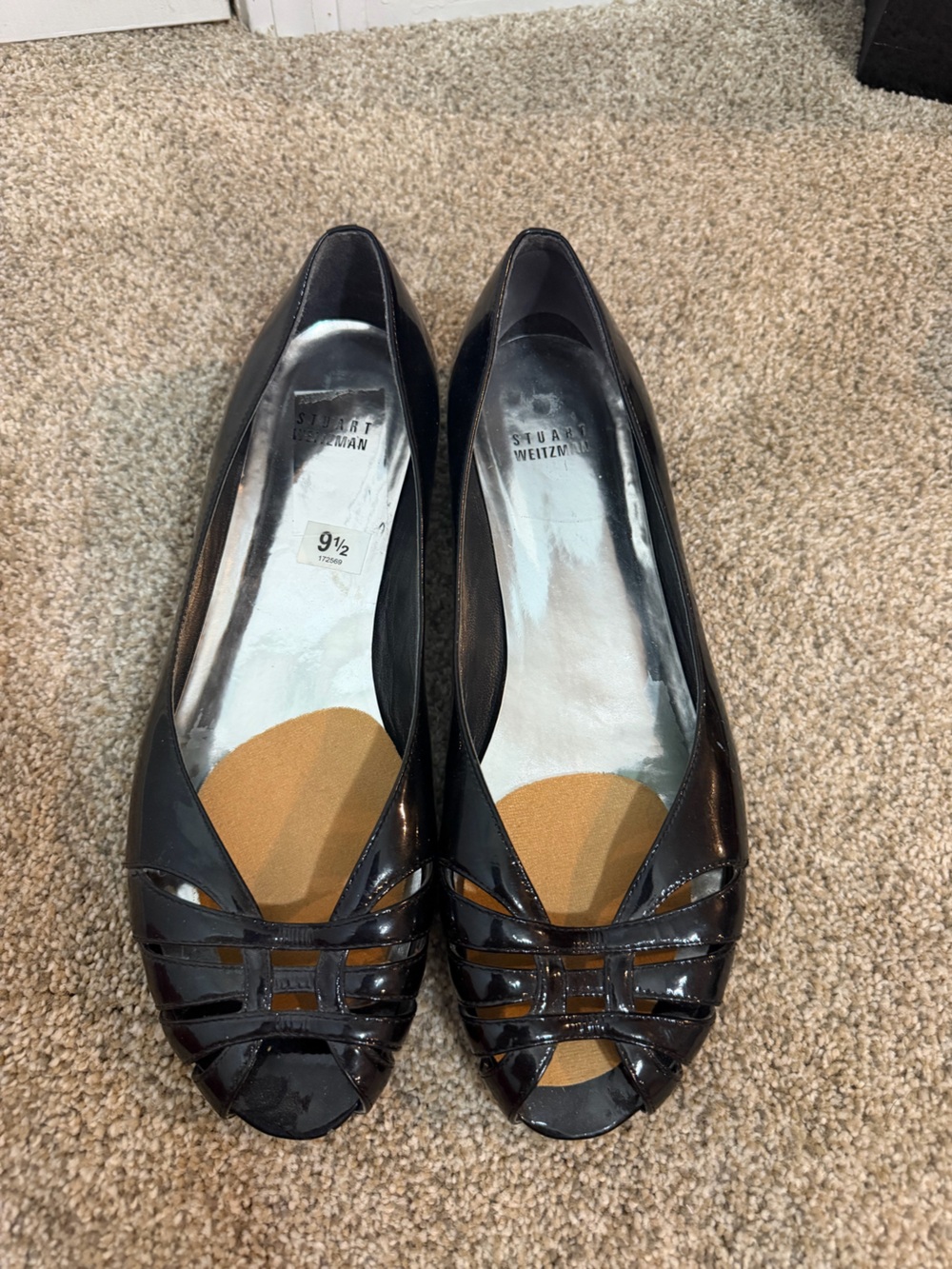 Stuart Weitzman Black Patent Leather Peep-Toe Flats with Woven Detail